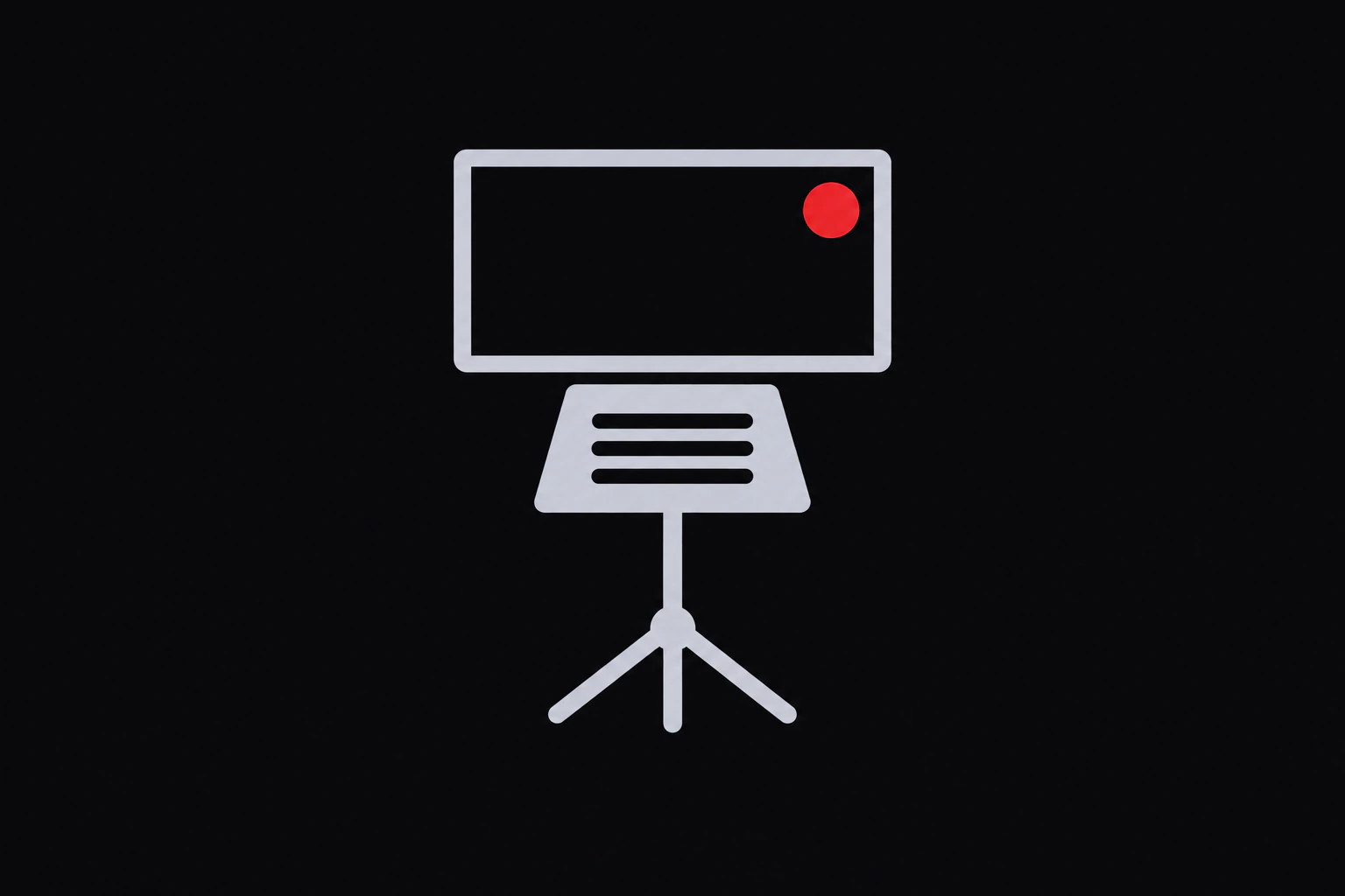Flat silver icon of an orchestra music stand under a blank screen with a red dot in its corner