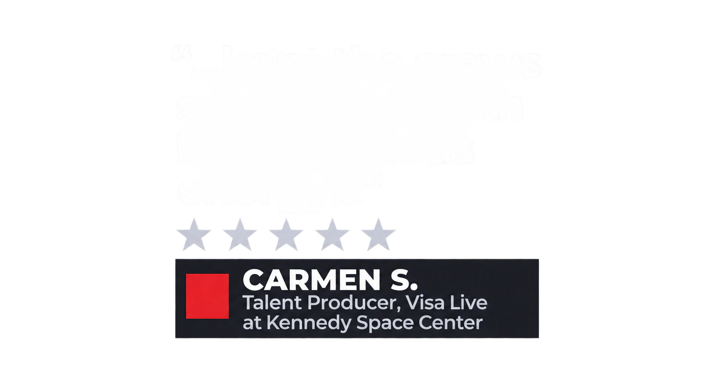 "...kept the crews spirits high with her infectious energy..." Carmen S., Talent Producer, Visa Live at Kennedy Space Center